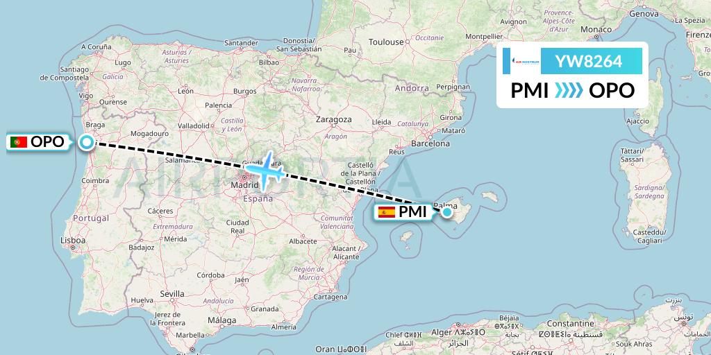 YW8264 Air Nostrum Flight Map: Palma de Mallorca to Porto