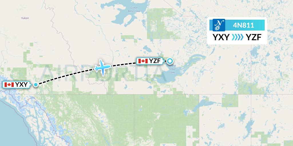 4N811 Air North Flight Map: Whitehorse to Yellowknife