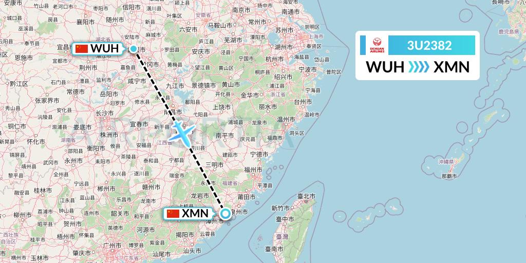 3U2382 Sichuan Airlines Flight Map: Wuhan to Xiamen