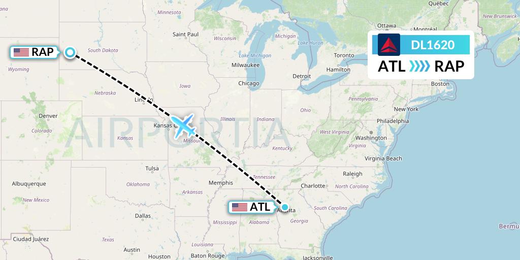 DL1620 Delta Air Lines Flight Map: Atlanta to Rapid City
