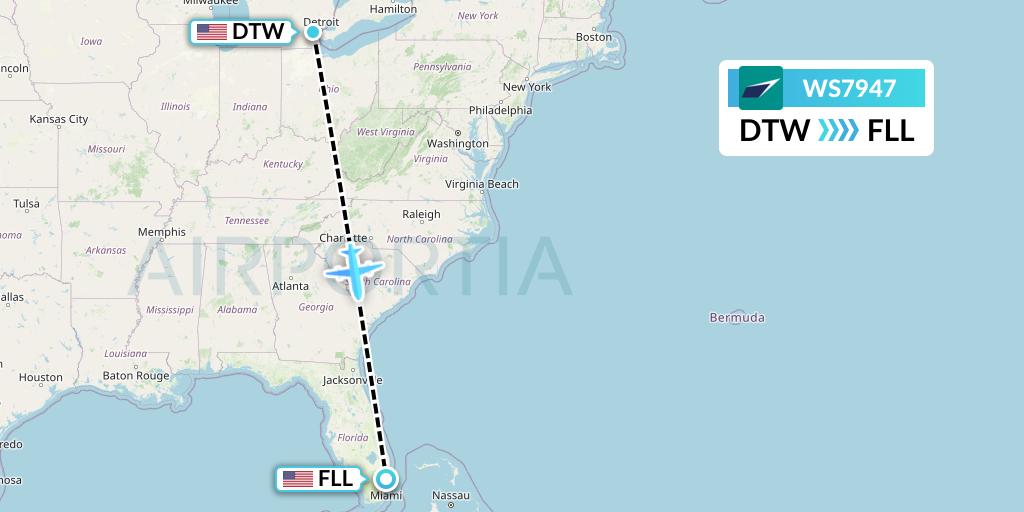 WS7947 WestJet Flight Map: Detroit to Fort Lauderdale
