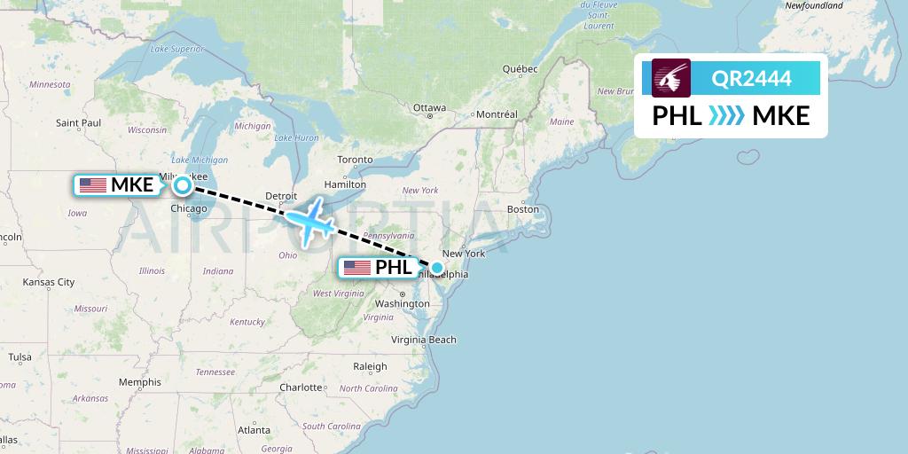 QR2444 Qatar Airways Flight Map: Philadelphia to Milwaukee
