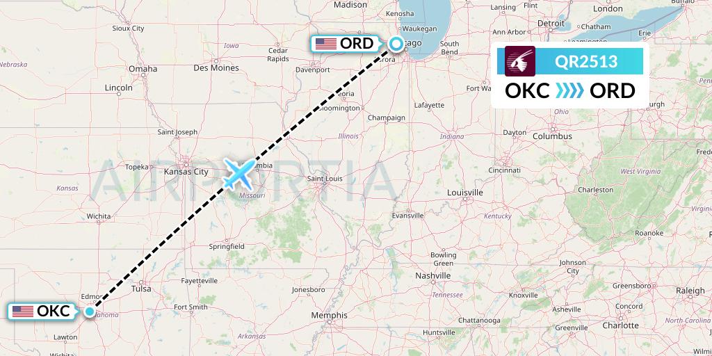 QR2513 Qatar Airways Flight Map: Oklahoma City to Chicago