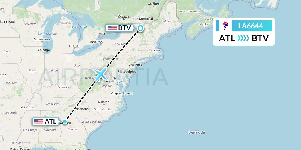 LA6644 LAN Airlines Flight Map: Atlanta to Burlington
