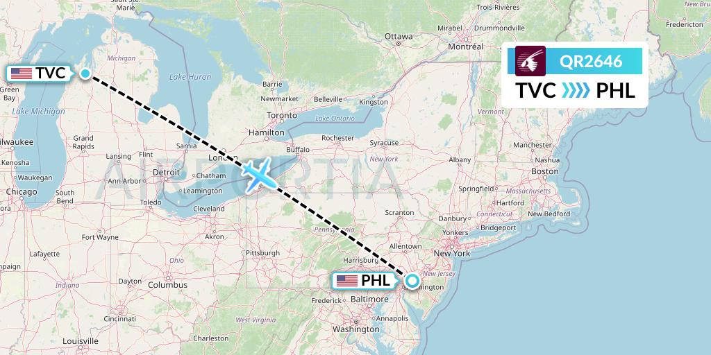 QR2646 Qatar Airways Flight Map: Traverse City to Philadelphia