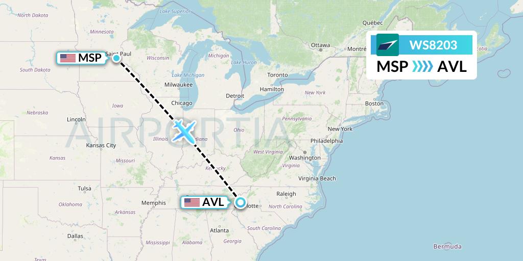 WS8203 WestJet Flight Map: Minneapolis to Asheville