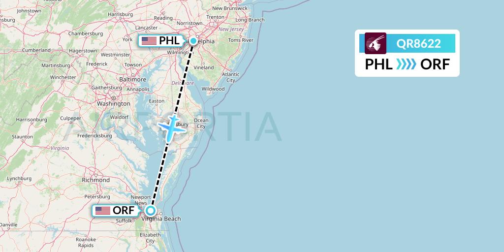 QR8622 Qatar Airways Flight Map: Philadelphia to Norfolk