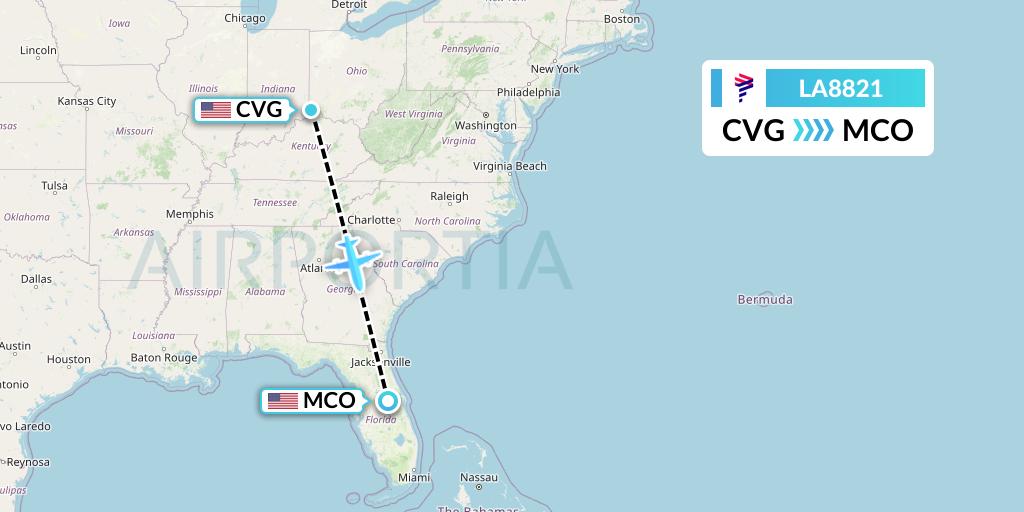 LA8821 LAN Airlines Flight Map: Cincinnati to Orlando