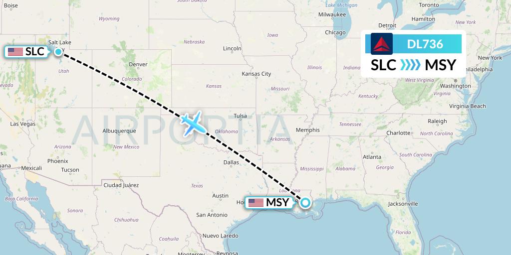 DL736 Delta Air Lines Flight Map: Salt Lake City to New Orleans