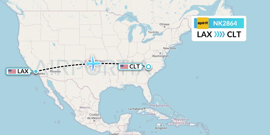 NK2864 Spirit Airlines Flight Map: Los Angeles to Charlotte