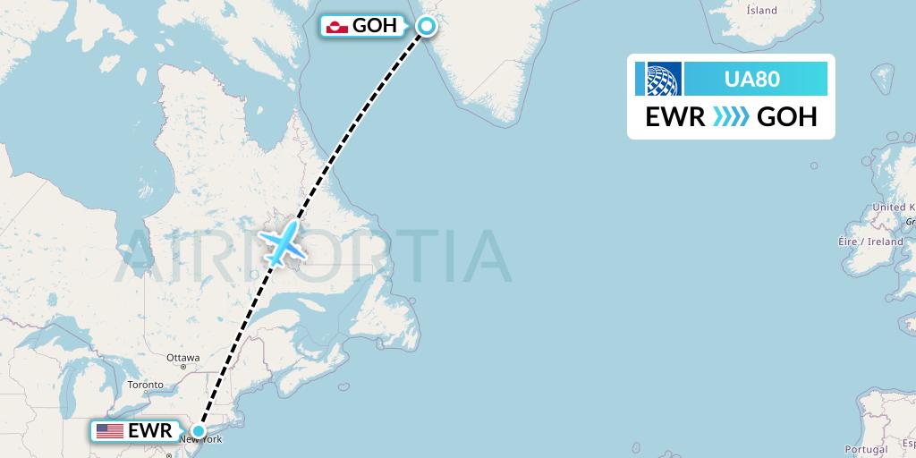 UA80 United Airlines Flight Map: New York to Nuuk