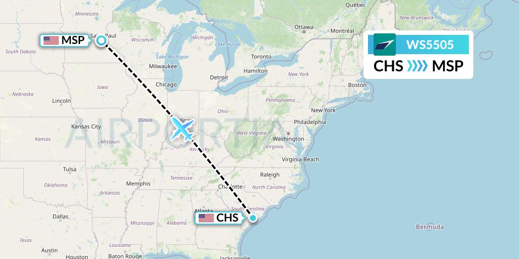 WS5505 WestJet Flight Map: Charleston to Minneapolis