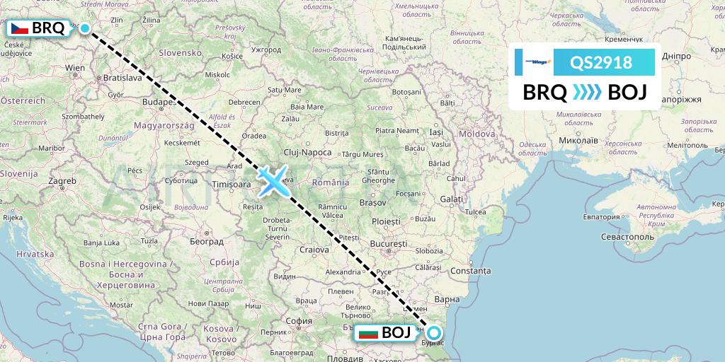 QS2918 Smartwings Flight Map: Brno to Burgas