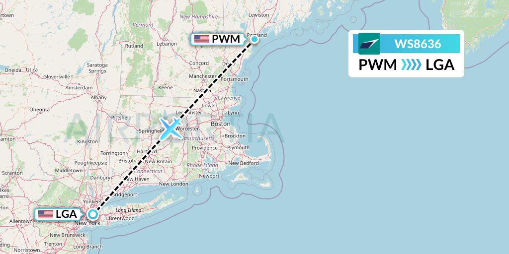 WS8636 WestJet Flight Map: Portland to New York