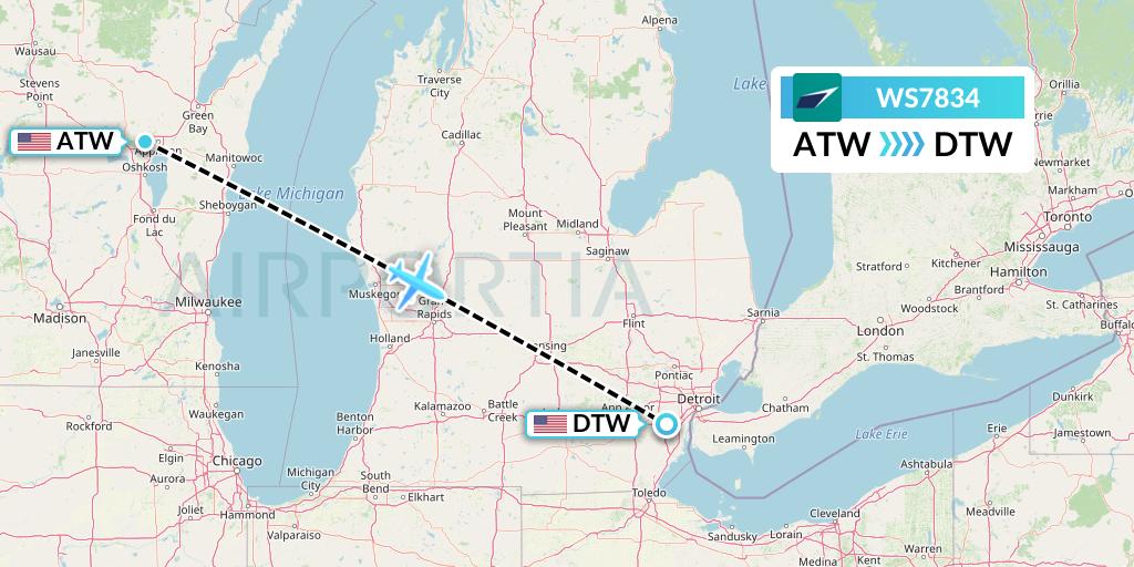 WS7834 WestJet Flight Map: Appleton to Detroit