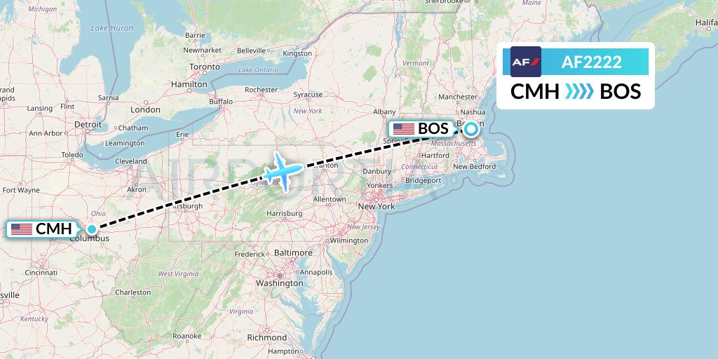 AF2222 Air France Flight Map: Columbus to Boston