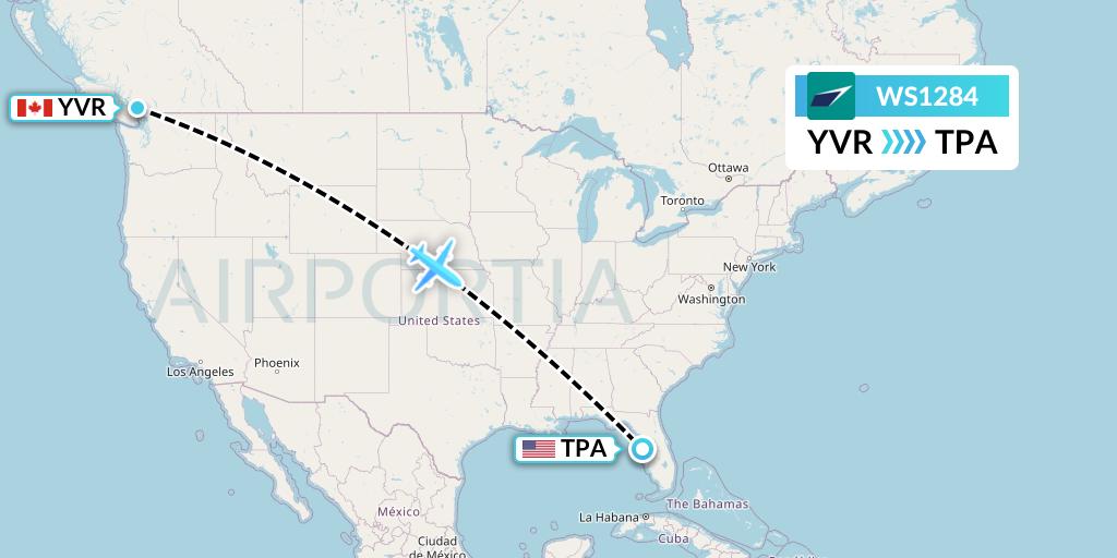WS1284 WestJet Flight Map: Vancouver to Tampa