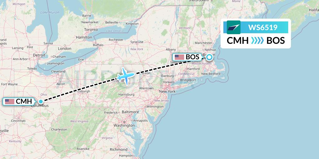 WS6519 WestJet Flight Map: Columbus to Boston