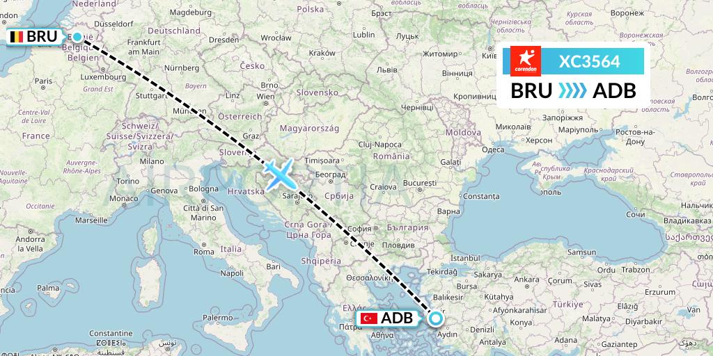 XC3564 Corendon Airlines Flight Map: Brussels to Izmir