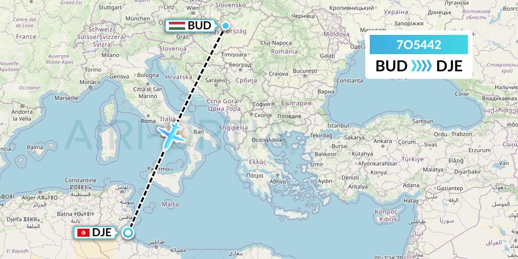 7O5442 Travel Service Hungary Flight Map: Budapest to Djerba