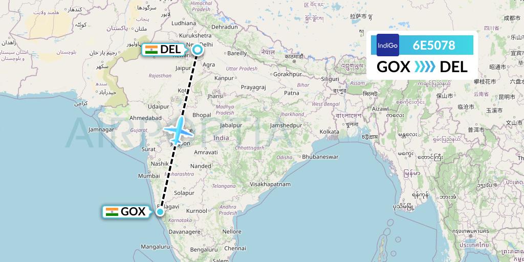 6E5078 IndiGo Airlines Flight Map: Goa to Delhi
