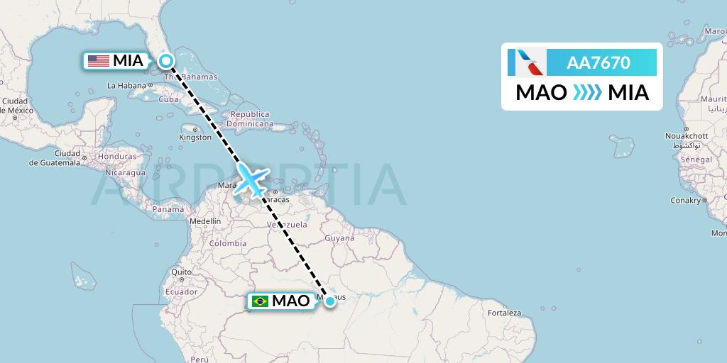 AA7670 American Airlines Flight Map: Manaus to Miami