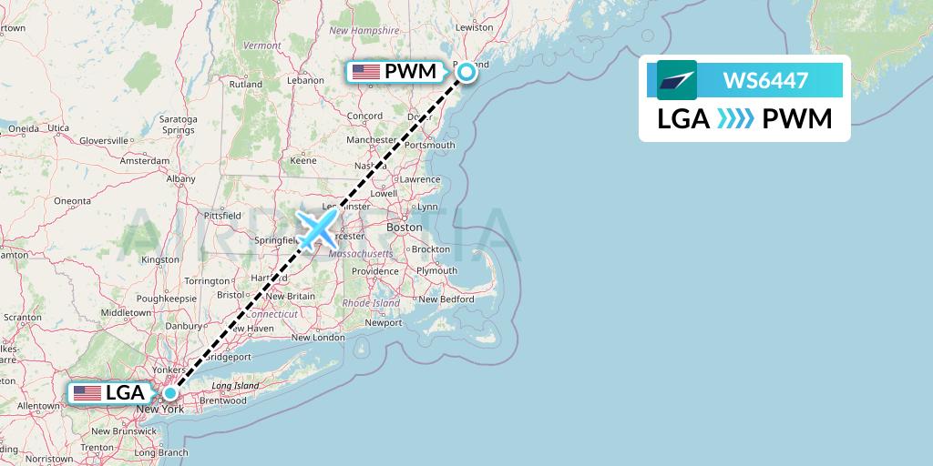 WS6447 WestJet Flight Map: New York to Portland