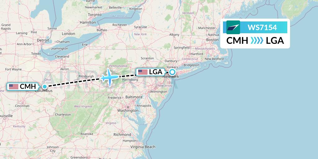 WS7154 WestJet Flight Map: Columbus to New York