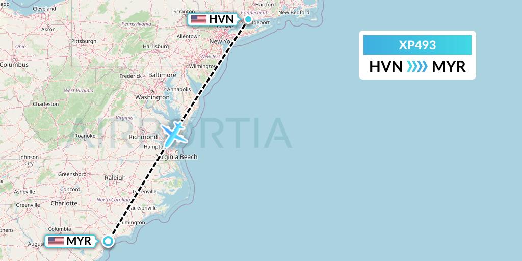 XP493 Avelo Airlines Flight Map: New Haven to Myrtle Beach