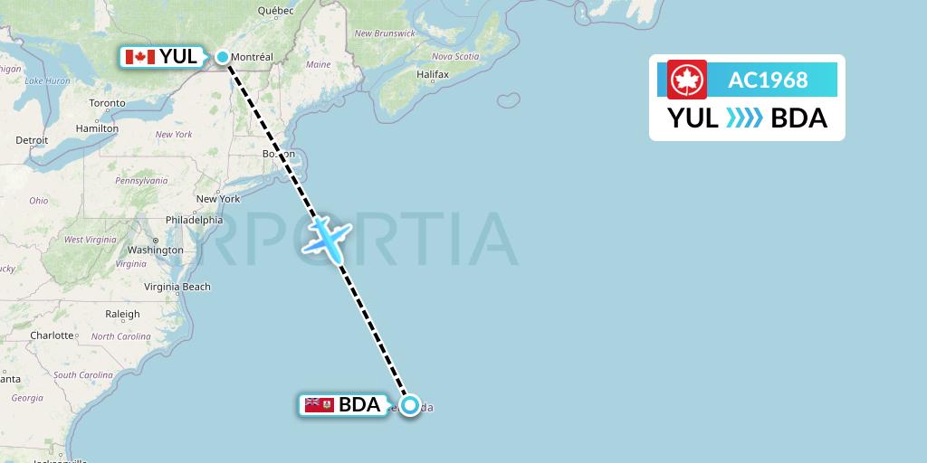 AC1968 Air Canada Flight Map: Montreal to Bermuda