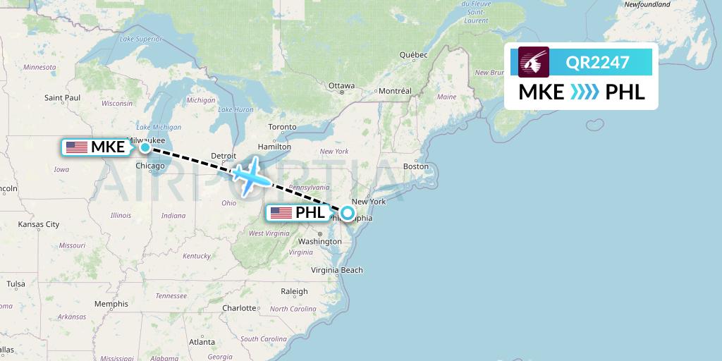 QR2247 Qatar Airways Flight Map: Milwaukee to Philadelphia