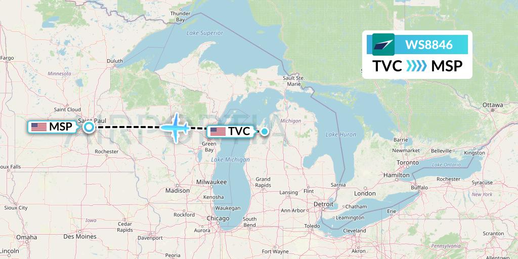 WS8846 WestJet Flight Map: Traverse City to Minneapolis