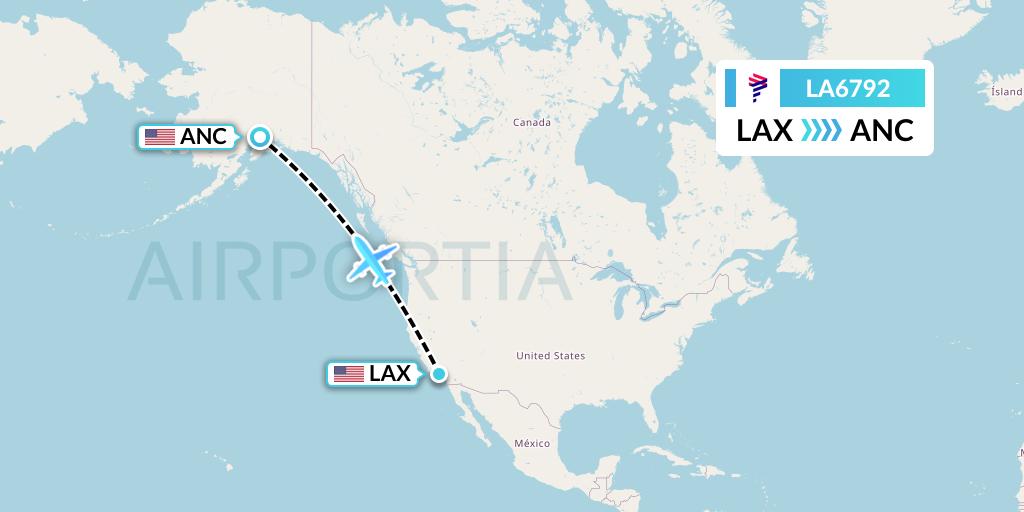 LA6792 LAN Airlines Flight Map: Los Angeles to Anchorage