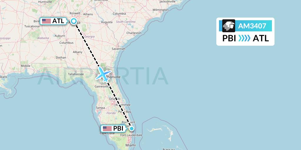 AM3407 Aeromexico Flight Map: West Palm Beach to Atlanta