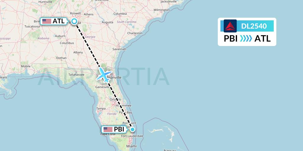 DL2540 Delta Air Lines Flight Map: West Palm Beach to Atlanta