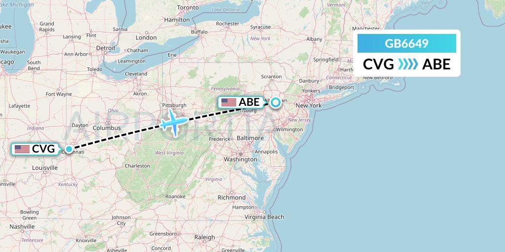 GB6649 ABX Air Flight Map: Cincinnati to Allentown