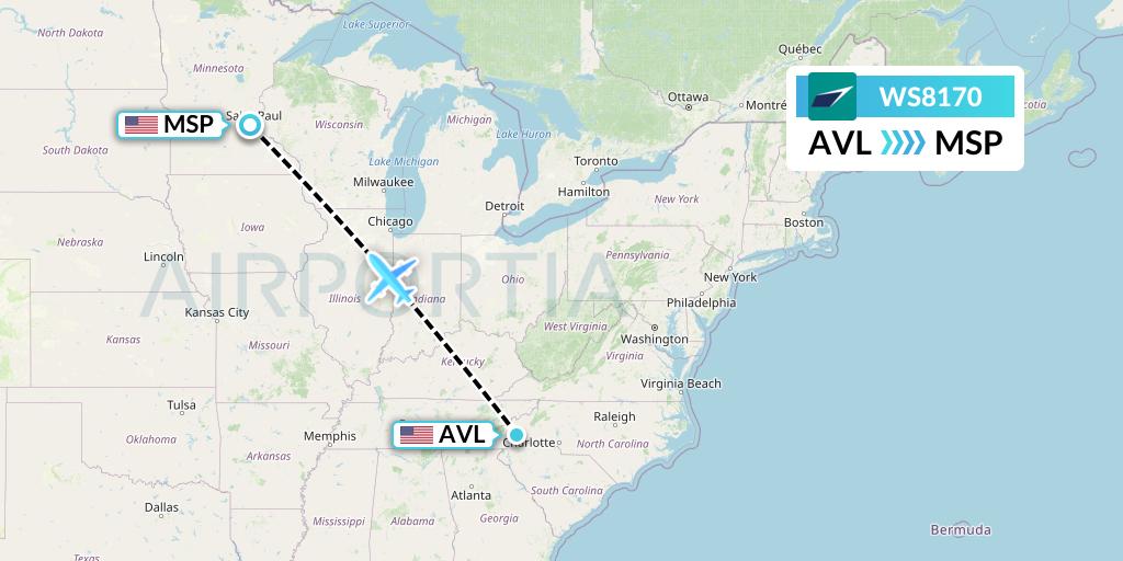 WS8170 WestJet Flight Map: Asheville to Minneapolis