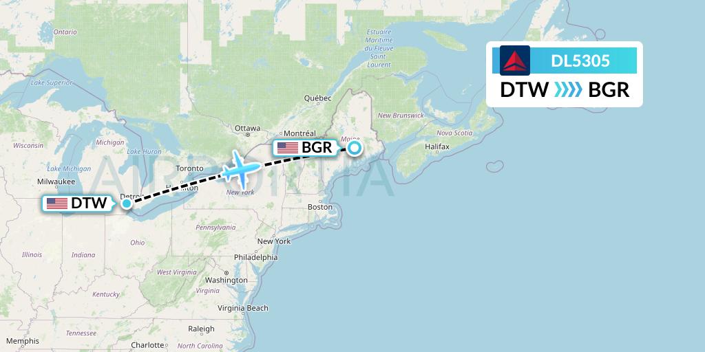 DL5305 Delta Air Lines Flight Map: Detroit to Bangor