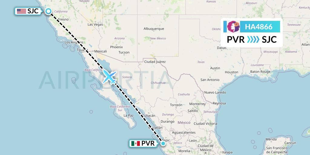 HA4866 Hawaiian Airlines Flight Map: Puerto Vallarta to San Jose