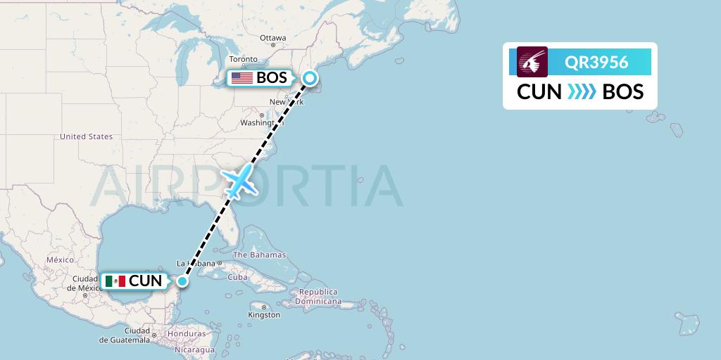 QR3956 Qatar Airways Flight Map: Cancun to Boston