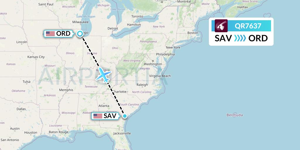 QR7637 Qatar Airways Flight Map: Savannah to Chicago