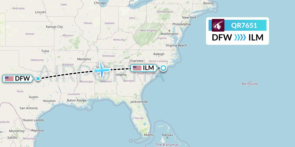 QR7651 Qatar Airways Flight Map: Dallas to Wilmington