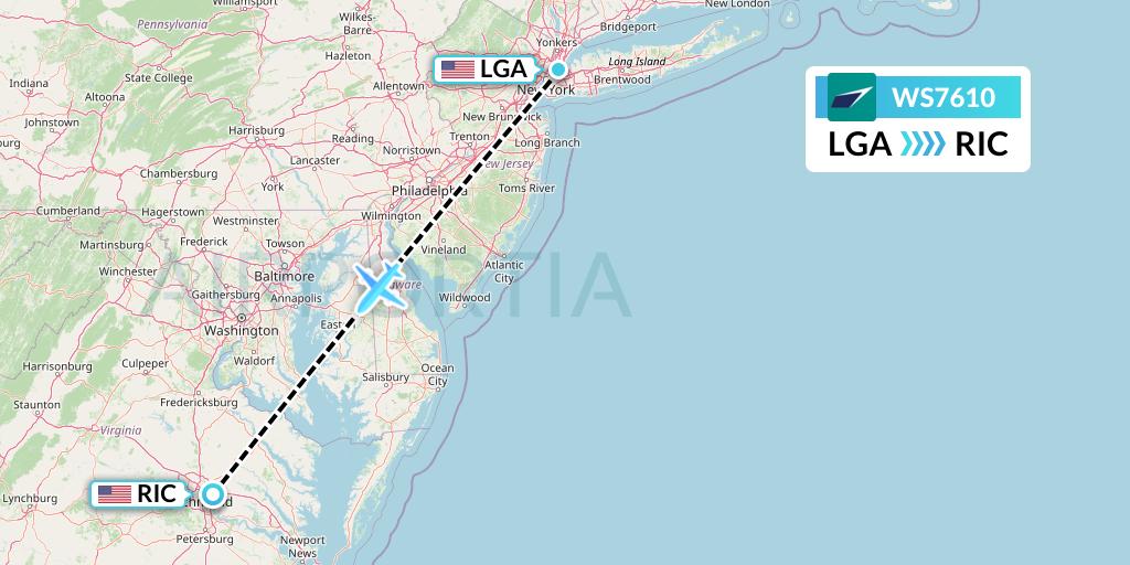 WS7610 WestJet Flight Map: New York to Richmond