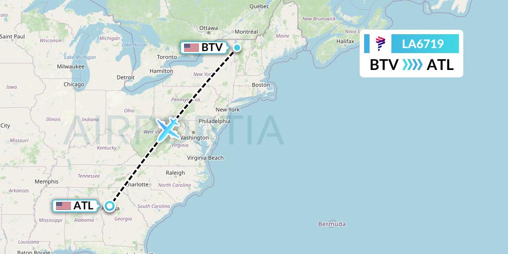 LA6719 LAN Airlines Flight Map: Burlington to Atlanta