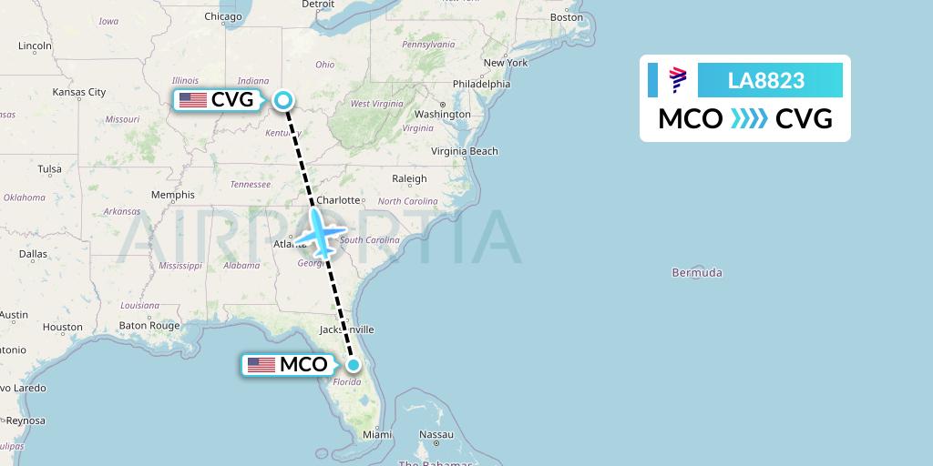 LA8823 LAN Airlines Flight Map: Orlando to Cincinnati