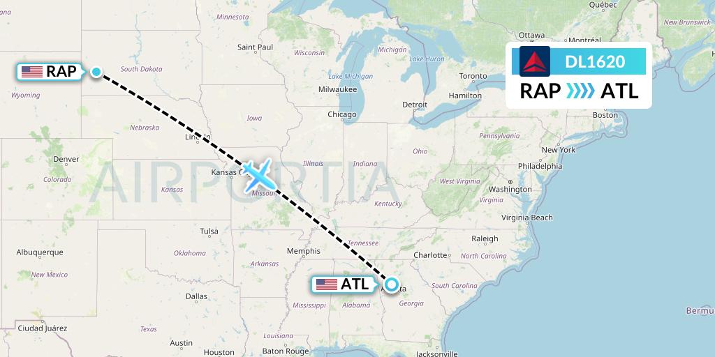 DL1620 Delta Air Lines Flight Map: Rapid City to Atlanta