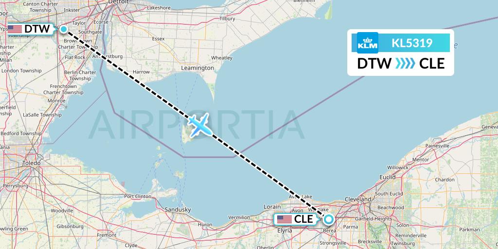 KL5319 KLM Flight Map: Detroit to Cleveland