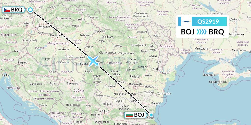 QS2919 Smartwings Flight Map: Burgas to Brno