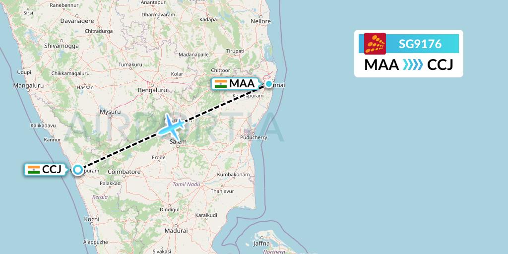 SG9176 SpiceJet Flight Map: Chennai to Kozhikode