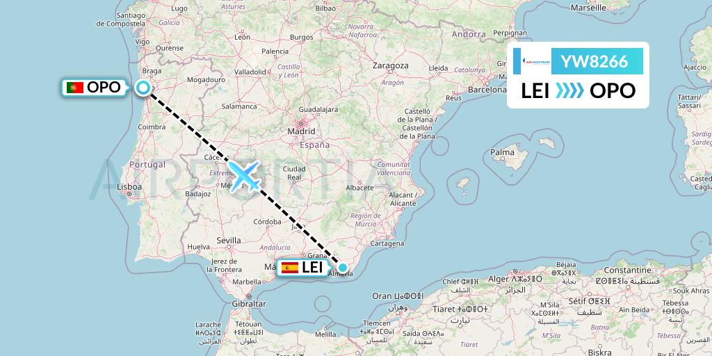 YW8266 Air Nostrum Flight Map: Almeria to Porto